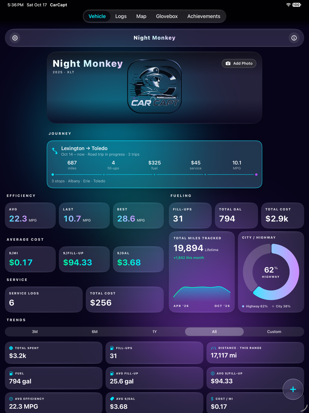 CarCapt on iPad: the garage, charts and logs laid out for the big screen