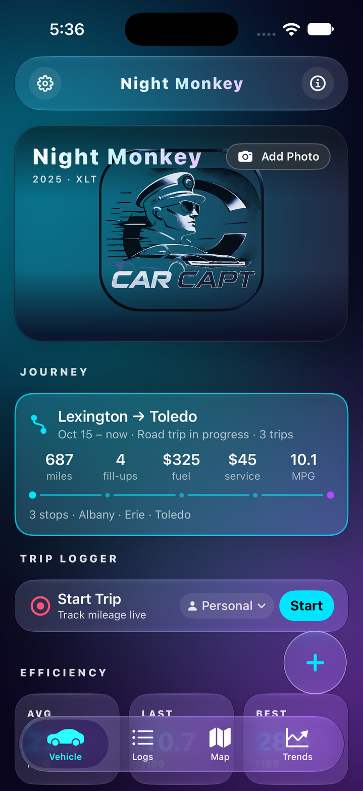 CarCapt on iPhone: the Vehicle tab with the car, its journey and the efficiency tiles