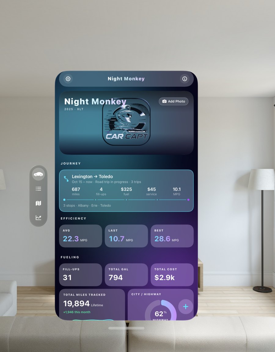 CarCapt on Apple Vision Pro: the dashboard as a window in the room