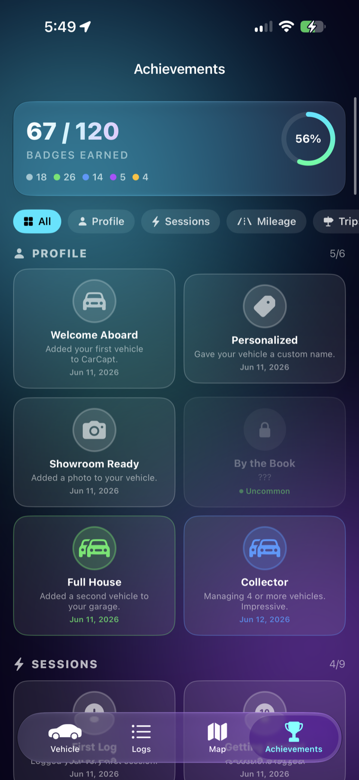 CarCapt Achievements: badges earned in the Achievements gallery, with unlocked badges like Welcome Aboard, Showroom Ready, Full House, and Collector.
