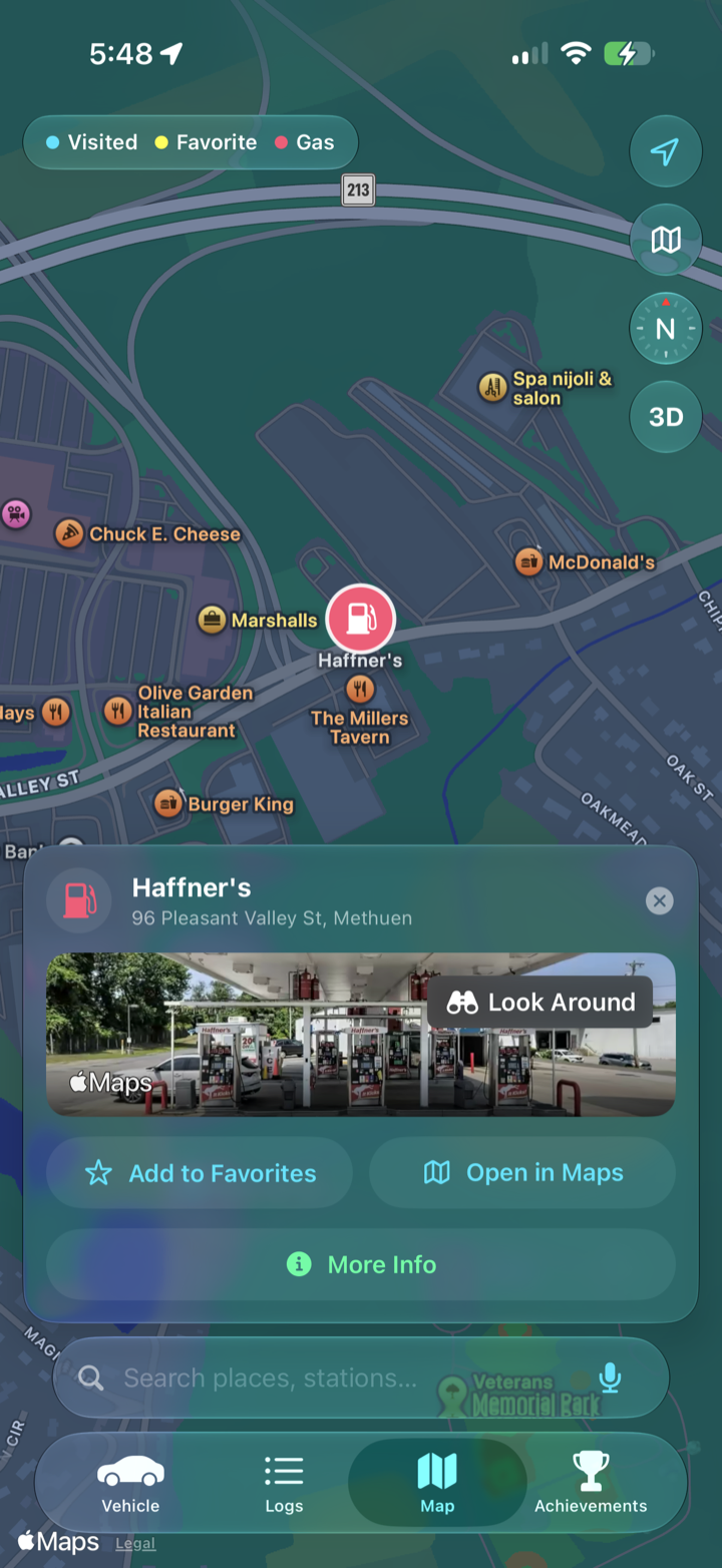 CarCapt's Map with visited, favorite, and gas station pins, showing a station's place card with a Look Around preview and Add to Favorites.