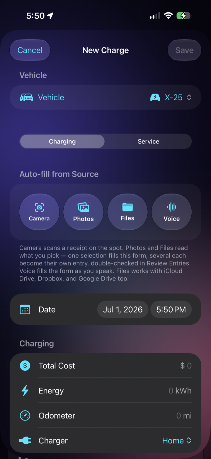 CarCapt's New Charge screen with Auto-fill from Source options (Camera, Photos, Files, and Voice) above the charge details form.